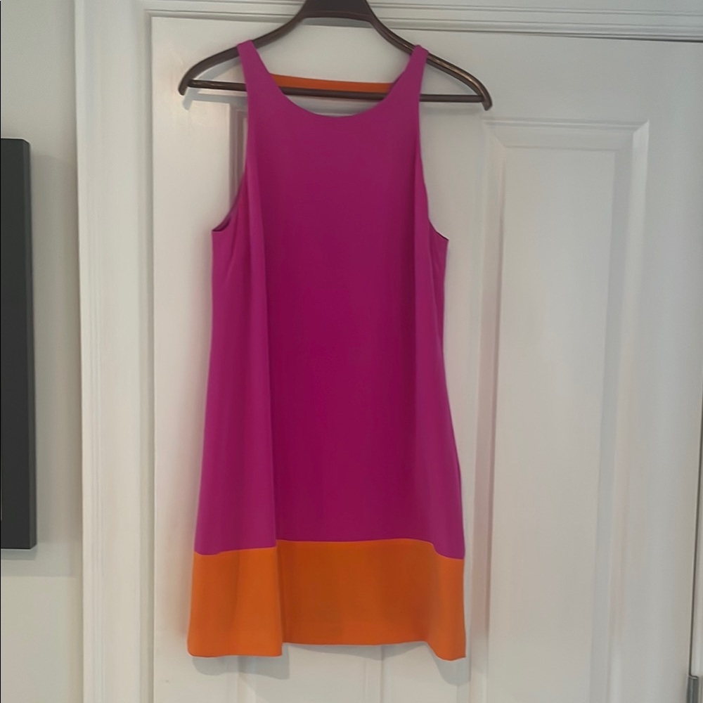 JAYGODFREY Pink Halter A-Line Dress Fuchsia Orange Silk Colorblock Open Back 4
